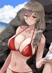  1boy 1girl absurdres ahoge bangs beach bikini blue_sky breasts brown_eyes brown_hair cleavage cloud collarbone day girls_frontline hair_ornament hair_scrunchie helianthus_(girls_frontline) highres large_breasts long_hair low_ponytail monocle navel ocean out_of_frame outdoors ponytail red_bikini sand scrunchie sky solo_focus swimsuit take_(trude1945oneetyan) white_scrunchie 