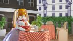  3d_(artwork) anthro big_breasts blender_(software) breast_rest breasts cafe cup curvy_figure day digital_media_(artwork) female furniture hair hi_res humanoid lagomorph latex_dress leporid mammal orange_hair outside palisal rabbit rubber solo sonic_the_hedgehog_(series) table vanilla_the_rabbit voluptuous 