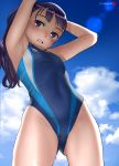  1girl armpits arms_up ass_visible_through_thighs blue_sky breasts cloud competition_swimsuit covered_navel cowboy_shot eyebrows_visible_through_hair groin highres long_hair looking_at_viewer mu-pyon one-piece_swimsuit open_mouth original outdoors purple_eyes purple_hair sky small_breasts solo swimsuit 