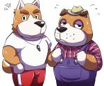 2017 animal_crossing anthro black_nose blush booker_(animal_crossing) brown_body brown_fur canid canine canis clothing copper_(animal_crossing) domestic_dog duo emufu fur hat headgear headwear kemono male mammal nintendo overalls overweight overweight_male shirt simple_background topwear video_games white_background 