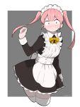  1boy apron artist_name black_dress blush commentary cropped_legs crossdressing dress highres komi-san_wa_komyushou_desu long_hair long_sleeves looking_at_viewer maid maid_headdress pink_hair solo sweat tadano_hitohito takita_(takita3411) thighhighs twintails white_apron white_legwear 