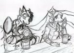  anthro armor bracers clothed clothing dragon duo ear_fins eye_contact female fin flirting furniture gauntlets gloves grin handwear horn leaning_over llyana_(sealer4258) looking_at_another male membrane_(anatomy) membranous_wings monochrome pyron sealer4258 shoulder_pads simple_background sitting sketch smile table tankard tavern traditional_media_(artwork) wings 