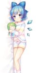  0_0 1girl ahoge bed_sheet blue_bow blue_eyes blue_hair blue_wings blush bow character_doll cirno closed_mouth daiyousei dakimakura detached_wings feet_out_of_frame hair_bow ice ice_wings long_sleeves looking_at_viewer loungewear lying navel on_side pajamas pjrmhm_coa short_hair short_shorts shorts simple_background sleeves_past_wrists smile socks solo striped striped_jacket striped_legwear striped_pajamas striped_shorts touhou white_background wings 