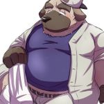  1:1 2017 anthro belly blush bodily_fluids bottomwear brown_body brown_fur canid canine canis clothing domestic_dog emufu fur kemono male mammal overweight overweight_anthro overweight_male pants shirt simple_background sitting solo sweat topwear white_background 