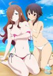  2girls ahoge beach bikini bikini_top blush breasts brown_eyes brown_hair hair_over_one_eye highres kono_subarashii_sekai_ni_shukufuku_wo! large_breasts long_hair looking_at_viewer megumin multiple_girls navel official_art open_mouth red_eyes short_hair swimsuit white_bikini white_swimsuit wiz_(konosuba) 