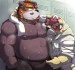  2016 anthro belly bodily_fluids bulge canid canine canis clothed clothing domestic_dog duo emufu erection erection_under_clothing genital_fluids kemono male male/male mammal mask moobs nipples overweight overweight_male precum shirt sweat topwear towel ursid 