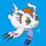  :3 blue_background digimon digimon_adventure fangs fangs_out full_body gomamon green_eyes looking_at_viewer no_humans peron_(niki2ki884) signature simple_background 