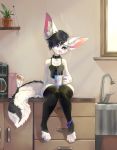 5_fingers adra anthro arm_support beverage big_ears black_body black_fur black_hair bottomless breasts canid canine cereal chest_tuft cleavage clothed clothing collar cup detailed_background english_text female fennec fingers food fox fur hair head_tilt hi_res holding_cup holding_object inner_ear_fluff inside kitchen legwear looking_aside mammal pink_nose purple_eyes shirt short_hair sink sitting solo steam talilly tank_top text thigh_highs toeless_legwear topwear tuft uwu white_body white_fur wide_hips 