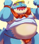  2017 anthro belly blue_body blush clothing crocodile crocodilian crocodylid emufu hat headgear headwear kemono makara male overweight overweight_anthro overweight_male reptile scalie shirt solo swimwear tokyo_afterschool_summoners topwear video_games 