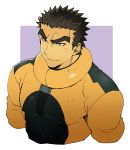  1boy akihiro_altland alternate_costume bara black_eyes black_hair chest cropped_torso dark_skin dark_skinned_male ezaki_papiko gundam gundam_tekketsu_no_orphans highres male_focus muscle short_hair simple_background solo thick_eyebrows 