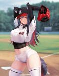  1girl animal_ears arknights arms_up artist_name azto_dio bangs baseball_cap baseball_mitt baseball_uniform black_hair black_headwear blurry blurry_background breasts brown_eyes commentary cowboy_shot crop_top crop_top_overhang earrings ears_through_headwear english_commentary groin hat highres jewelry large_breasts long_hair looking_at_viewer micro_shorts midriff multicolored_hair multiple_earrings navel outdoors parted_lips photoshop_(medium) red_hair shirt shirt_lift shorts solo sportswear standing texas_(arknights) thighhighs thighs white_legwear white_shirt white_shorts wolf_ears 