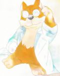  2017 4:5 black_nose brown_body brown_fur canid canine canis clothed clothing domestic_dog emufu eyewear feral fur glasses kemono mammal multicolored_body multicolored_fur open_clothing open_shirt open_topwear shirt simple_background solo topwear two_tone_body two_tone_fur white_background 