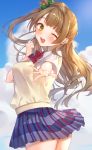  1girl ;d absurdres bangs blue_skirt blue_sky blunt_bangs bow bowtie brown_hair cardigan cloud commentary_request day djchanmio eyebrows_visible_through_hair green_bow hair_bow highres long_hair looking_at_viewer love_live! love_live!_school_idol_project minami_kotori one_eye_closed open_mouth plaid plaid_skirt red_neckwear school_uniform short_sleeves side_ponytail signature skirt sky smile solo striped striped_neckwear teeth thighs upper_teeth yellow_cardigan yellow_eyes 