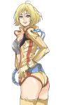  1girl blonde_hair blue_eyes breasts cleavage gundam hand_on_hip highres looking_back mobile_suit_gundam parted_lips pilot_suit sayla_mass short_hair solo tamakoshi_horiyuki 