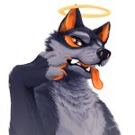  1:1 2016 absurd_res anthro canid canine canis fur grey_body grey_fur halo hi_res looking_at_viewer male mammal orange_body orange_fur orange_tongue signature simple_background snowfoxatheart solo tongue tongue_out white_background wolf 
