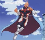  1boy all_might antenna_hair bara blonde_hair blue_eyes bodysuit boku_no_hero_academia cape chest cloud cloudy_sky covered_abs flying full_body hair_slicked_back highres male_focus muscle short_hair sky stormcallart thick_thighs thighs 