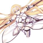  1girl armor armored_boots armored_dress black_legwear blonde_hair blue_eyes boots breasts breasts_apart chain closed_mouth dress enchuu_kakiemon fate/apocrypha fate_(series) faulds floating_hair fur-trimmed_legwear fur_trim gauntlets headpiece highres holding holding_polearm holding_weapon jeanne_d&#039;arc_(fate) jeanne_d&#039;arc_(fate)_(all) large_breasts long_hair looking_at_viewer polearm sheath sheathed simple_background sleeveless sleeveless_dress smile solo sword thigh_boots thighhighs very_long_hair weapon white_background white_dress 
