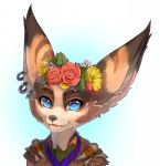  ambiguous_gender anthro black_nose blizzard_entertainment blue_eyes brown_body brown_fur bust_portrait canid canine ear_piercing flower flower_crown fox fur hi_res looking_at_viewer mammal markings open_mouth piercing plant portrait simple_background solo talilly teeth video_games vulpera warcraft white_background 