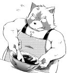  2015 anthro apron belly canid canine clothing cooking diru11 humanoid_hands kemono male mammal overweight overweight_anthro overweight_male raccoon_dog simple_background solo tanuki tongue tongue_out white_background 