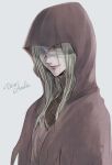  1girl bandaged_head bandages blonde_hair bloodborne brown_cloak character_name cloak closed_mouth commentary_request grey_background highres hood hood_up itsuki_(itsukiovo) lips long_hair looking_at_viewer mole one_eye_covered simple_background sketch smile solo upper_body vicar_amelia 