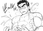  1boy abs akihiro_altland bara black_eyes black_hair blush chest ezaki_papiko gundam gundam_tekketsu_no_orphans male_focus male_lactation muscle nipples pectorals short_hair sketch solo thick_eyebrows uncolored upper_body 