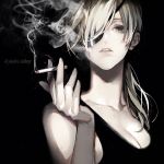  1girl bare_shoulders between_fingers black_background blending blonde_hair blowing_smoke breasts chainsaw_man cigarette cleavage collarbone eyelashes eyepatch fingernails grey_eyes hair_over_one_eye hair_over_shoulder hand_up holding holding_cigarette koshika_rina large_breasts long_hair looking_at_viewer low_ponytail medium_breasts one_eye_covered parted_lips ponytail quanxi_(chainsaw_man) silver_hair simple_background sleeveless smoke smoking solo upper_body 