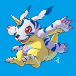  blue_background digimon digimon_adventure fangs full_body gabumon horns no_humans outstretched_arms peron_(niki2ki884) red_eyes signature simple_background single_horn 