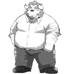  1:1 2017 anthro belly bottomwear chernobog clothing cute_fangs emufu hi_res kemono male monochrome overweight overweight_anthro overweight_male pants shirt simple_background solo tokyo_afterschool_summoners topwear video_games white_background 