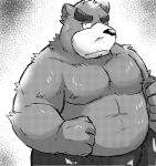  2017 anthro belly black_and_white bottomwear bulge clothing emufu facial_hair hi_res kemono male mammal monochrome mustache overweight overweight_anthro overweight_male pants solo ursid 