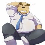  1:1 2016 anthro belly blush bottomwear canid canine canis clothing domestic_dog emufu eyes_closed kemono male mammal overweight overweight_anthro overweight_male pants shirt simple_background sitting solo topwear white_background 