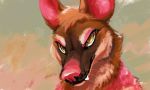  2017 5:3 african_wild_dog black_body black_fur brown_body brown_fur canid canine fur hi_res male mammal pink_body pink_fur pink_nose reaction_image semi-anthro simple_background smile snowfoxatheart solo tan_body tan_fur whiskers yellow_eyes 