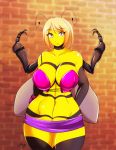  anthro arthropod bee big_breasts blonde_hair bottomwear breasts cleavage clothed clothing female hair hi_res hymenopteran insect matypup miniskirt non-mammal_breasts purse skirt solo wide_hips 