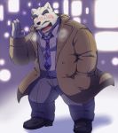  2017 anthro black_nose blush bottomwear canid canine canis clothing domestic_dog emufu eyes_closed facial_hair humanoid_hands kemono male mammal mustache necktie overweight overweight_anthro overweight_male pants shirt solo topwear 