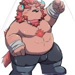  1:1 2017 anthro belly blush bottomwear chernobog clothing cute_fangs emufu eyes_closed hi_res kemono male overweight overweight_anthro overweight_male pants solo tokyo_afterschool_summoners video_games 