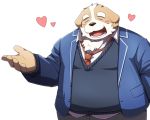  &lt;3 2016 5:4 anthro blush bottomwear brown_body brown_fur canid canine canis clothing domestic_dog emufu eyes_closed fur humanoid_hands kemono male mammal overweight overweight_anthro overweight_male pants shirt simple_background solo topwear white_background 