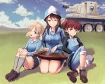  absurdres aki_(girls_und_panzer) blonde_hair blush breasts brown_hair bt-42 closed_mouth eyebrows_visible_through_hair girls_und_panzer grass green_eyes ground_vehicle hat highres huge_filesize keizoku_military_uniform large_breasts mika_(girls_und_panzer) mikko_(girls_und_panzer) military military_uniform military_vehicle miniskirt motor_vehicle nico_jiang one_eye_closed open_mouth outdoors pleated_skirt shiny shiny_hair short_hair sitting skirt sky small_breasts smile tank twintails uniform 