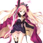  1girl black_dress black_legwear black_sleeves blonde_hair bow cape closed_mouth diadem dress earrings enchuu_kakiemon ereshkigal_(fate/grand_order) eyebrows_visible_through_hair fate/grand_order fate_(series) floating_hair hair_bow hair_intakes highres holding holding_sword holding_weapon jewelry long_hair long_sleeves looking_at_viewer red_bow red_cape red_eyes short_dress simple_background single_sleeve single_thighhigh smile solo standing strapless strapless_dress sword thighhighs very_long_hair weapon white_background 
