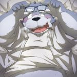  1:1 2016 anthro belly blush canid canine canis clothing domestic_dog emufu eyewear glasses humanoid_hands kemono lying male mammal overweight overweight_anthro overweight_male shirt solo topwear 