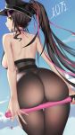  1girl ass ass_support back bangs bare_shoulders bikini black_bikini black_gloves black_hair black_headwear black_legwear blue_sky blush breasts da_mao_banlangen facial_mark fate/grand_order fate_(series) fingerless_gloves forehead_mark gloves hat highres large_breasts long_hair looking_at_viewer looking_back multicolored_hair pantyhose parted_bangs pink_hair police_hat ponytail sesshouin_kiara sesshouin_kiara_(swimsuit_mooncancer)_(fate) sky streaked_hair swimsuit thighs traffic_baton very_long_hair yellow_eyes 