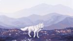  16:9 ambiguous_gender black_nose canid canine canis detailed_background feral fluffy fog fur grass hi_res mammal mountain sky snowfoxatheart solo whiskers white_body white_fur widescreen wolf 