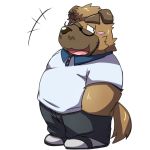  1:1 2017 anthro belly bottomwear brown_body brown_fur canid canine canis chibi clothing domestic_dog emufu eyewear fur glasses kemono male mammal overweight overweight_anthro overweight_male pants shirt simple_background solo topwear white_background 