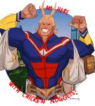  1boy all_might antenna_hair bag bara blonde_hair blue_eyes bodysuit boku_no_hero_academia chest covered_abs english_text flexing full_body grin hair_slicked_back highres male_focus mcdonald&#039;s muscle pose shirtless shopping_bag short_hair smile stormcallart upper_body 