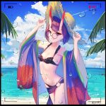  1girl bangs beach bespectacled bikini black-framed_eyewear black_bikini bob_cut breasts cleavage cloud cowboy_shot day eyebrows_visible_through_hair fate/grand_order fate_(series) frilled_bikini frills glasses groin halterneck hands_on_headwear hands_up hat highres horns japanese_clothes kimono looking_at_viewer navel o-ring ocean oni oni_horns open_clothes open_kimono outdoors purple_eyes purple_hair purple_sarong recording round_eyewear sarong sawarineko short_eyebrows short_hair shuten_douji_(fate/grand_order) sky small_breasts smile solo straw_hat sun_hat swimsuit time timestamp viewfinder water_drop wet wide_sleeves 