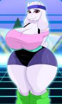  2020 80&#039;s_theme absurd_res big_breasts boss_monster bovid breasts caprine cleavage clothed clothing curvy_figure female floppy_ears fur hi_res huge_breasts lidded_eyes long_ears mammal mature_female red_eyes retro smile solo sonson-sensei sweatband thick_thighs toriel undertale video_games voluptuous white_body white_fur wide_hips 