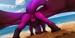  2020 anus backsack balls beach butt dragon erection feral genitals hi_res ishiru looking_at_viewer looking_through looking_through_legs male nude open_mouth outside penis perineum presenting presenting_hindquarters purple_body purple_scales raised_tail rear_view red_eyes sand scales scalie seaside sharp_teeth sky solo teeth tongue tongue_out water wings 