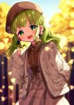  1girl :d autumn_leaves bangs beret blurry blurry_background blush brown_headwear brown_shirt brown_skirt collared_shirt commentary_request day depth_of_field dress_shirt earrings eyebrows_visible_through_hair ginkgo_leaf green_eyes green_hair grey_jacket hand_up hat jacket jewelry long_hair long_sleeves morinaka_kazaki nijisanji open_clothes open_jacket open_mouth outdoors pleated_skirt puffy_long_sleeves puffy_sleeves shirt skirt sleeves_past_wrists smile solo standing suspender_skirt suspenders tree twintails virtual_youtuber yamabukiiro 