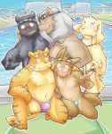  2010 anthro barazoku black_body black_fur blush brown_body brown_fur bulge canid canine canis clothing detailed_background domestic_dog felid fur group kemono lion male male/male mammal outside pantherine swimwear tiger water whinge 