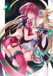  2girls armor ass blonde_hair blush breast_press breasts cleavage commentary_request crystal dress earrings gloves hands_clasped hinot jewelry large_breasts long_hair multiple_girls mythra_(xenoblade) one_eye_closed own_hands_together parted_lips pyra_(xenoblade) red_eyes red_hair short_hair short_shorts shorts smile symmetrical_docking thighhighs tiara very_long_hair xenoblade_chronicles xenoblade_chronicles_(series) xenoblade_chronicles_2 yellow_eyes 