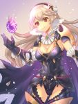 1girl armor black_hairband breasts cape cleavage closed_mouth corrin_(fire_emblem) corrin_(fire_emblem)_(female) fire_emblem fire_emblem_fates hairband highres leotard long_hair pointy_ears red_eyes shira_yu_ki simple_background solo stone torn_cape torn_clothes white_hair 