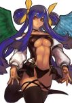  1girl asymmetrical_wings bangs bare_shoulders belt black_panties blue_hair breast_press breasts choker cleavage collarbone detached_sleeves dizzy_(guilty_gear) english_commentary guilty_gear guilty_gear_x guilty_gear_xx hair_between_eyes hair_ribbon hair_rings knees_up large_breasts lips long_hair long_sleeves looking_at_viewer looking_down midriff monster_girl navel open_mouth panties partially_visible_vulva puffy_long_sleeves puffy_sleeves red_eyes ribbon simple_background skindentation solo stomach tail thick_thighs thigh_strap thighs toned twintails underboob underwear unizama wings yellow_ribbon 